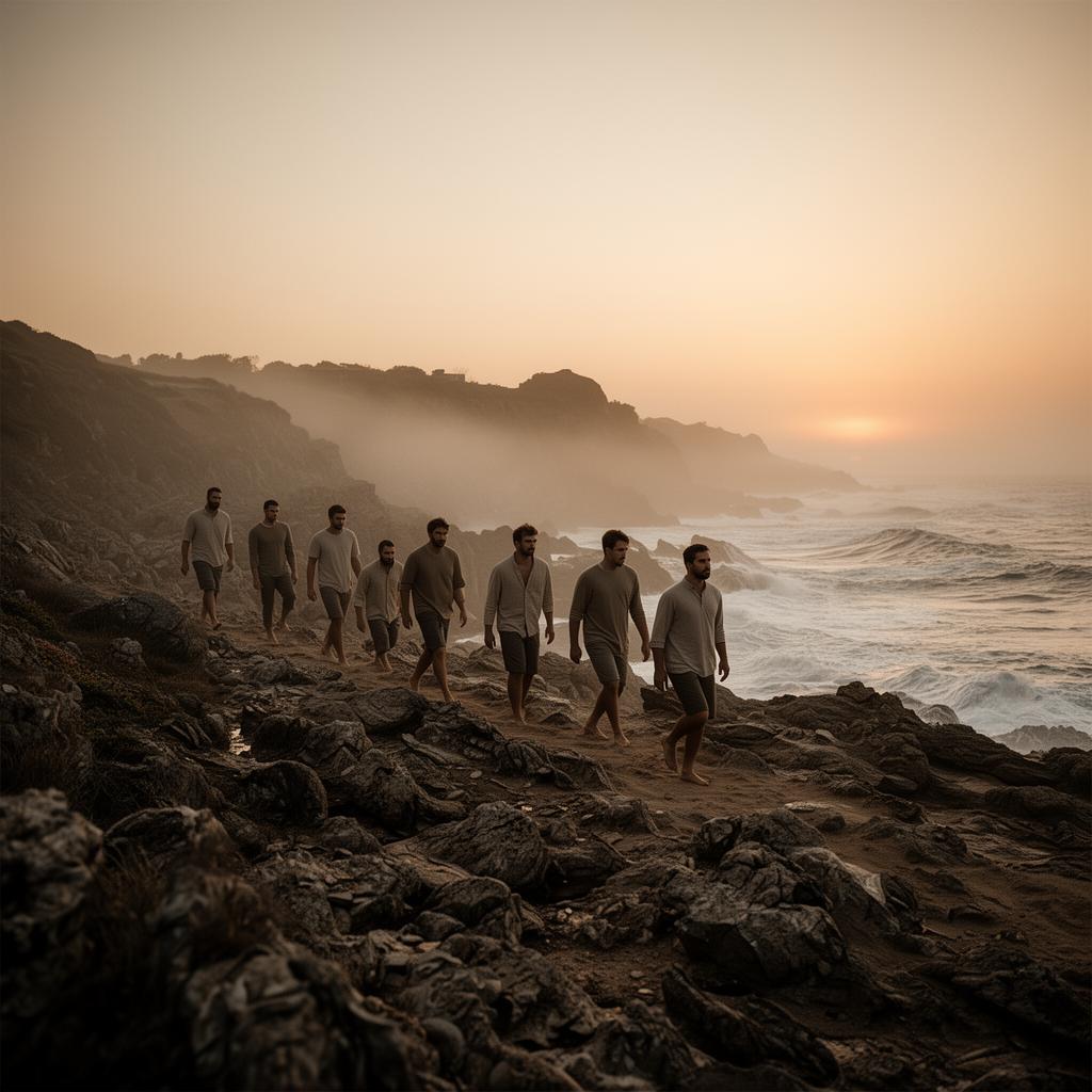 Men walking together along a misty coastline at dawn